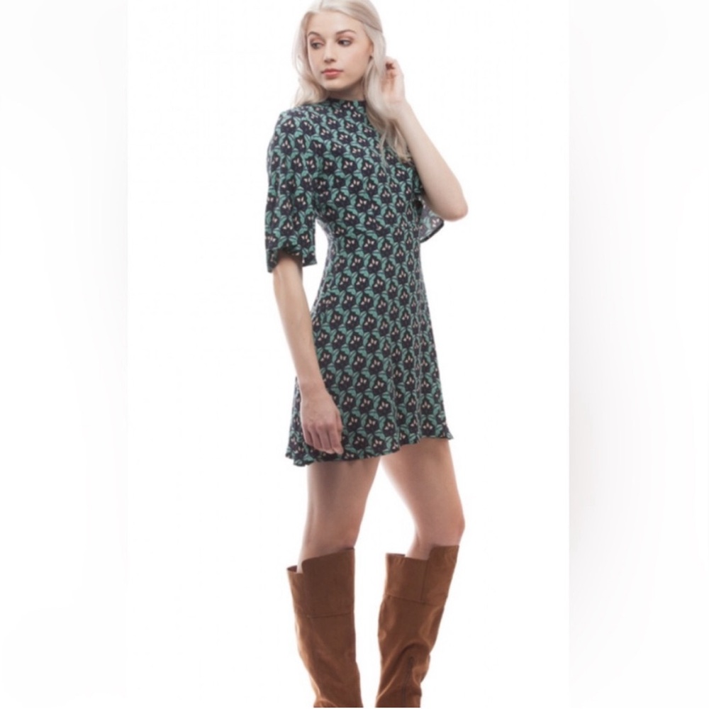 Ethereal Paper Crane Backless Dress Three Quarter Sleeves Blue Green Floral Sz L - Picture 11 of 11